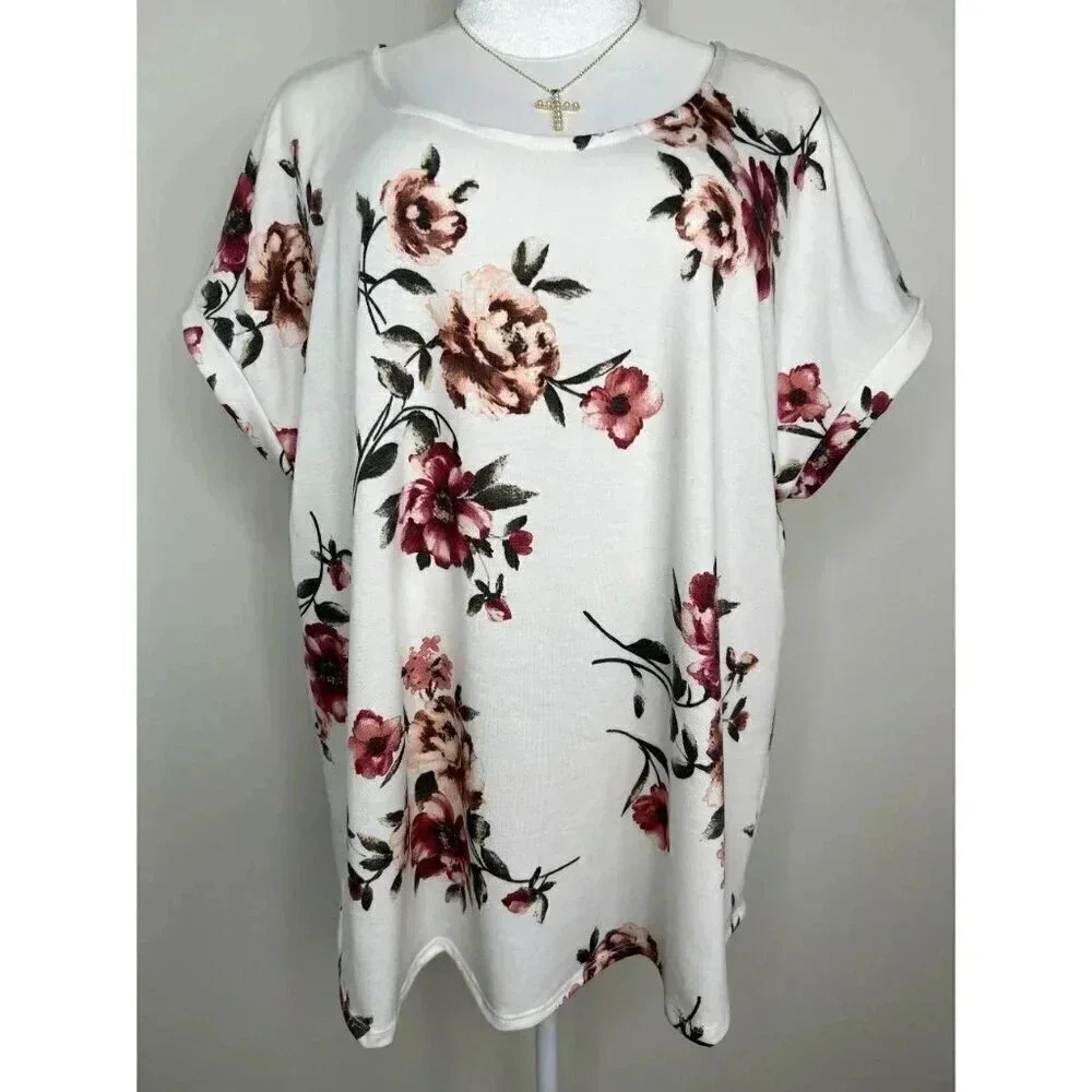 NWT Green Envelope Los Angeles Floral White & Shades Of Pink Blouse Plus 1X